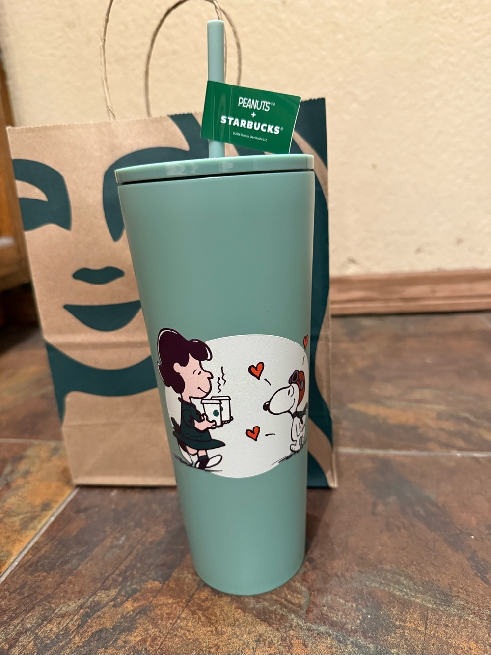 **NEW**Starbucks Mint Green Peanuts Tumbler with Snoopy & Lucy Art